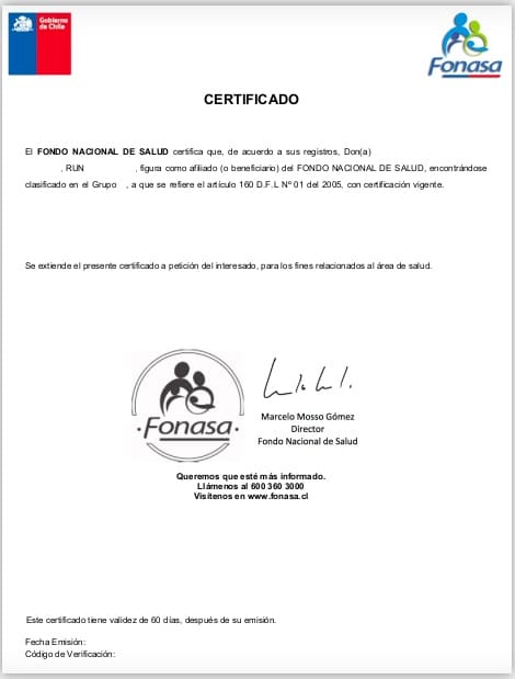 Certificado de FONASA Chile
