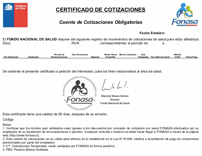 Certificado de Cotizaciones FONASA ejemplo
