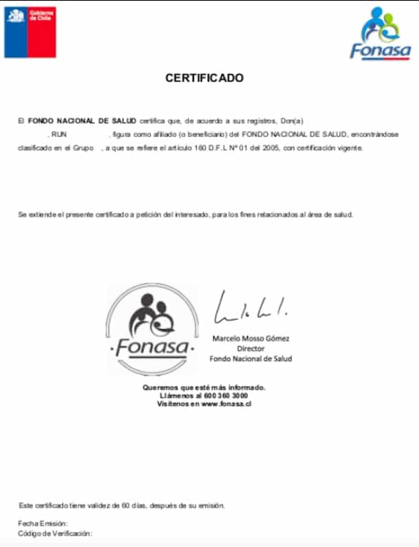 Certificado de FONASA modelo