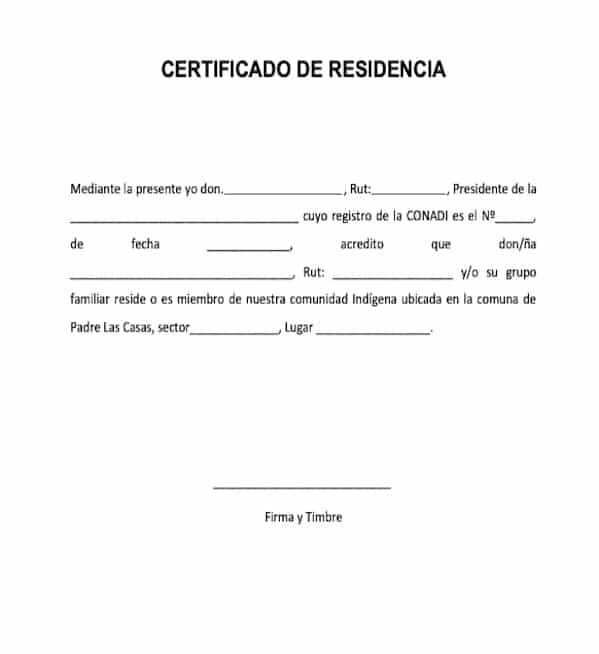 Certificado de Residencia CONADI modelo