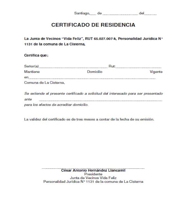 Certificado de residencia Chile ejemplo