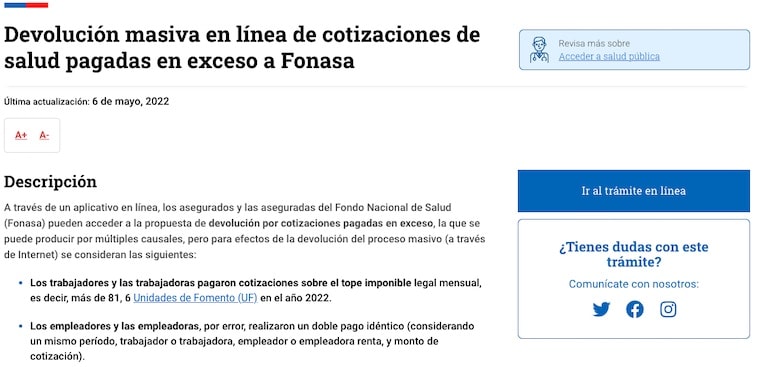 ChileAtiende Devolución de cotizaciones de salud pagadas en exceso a FONASA