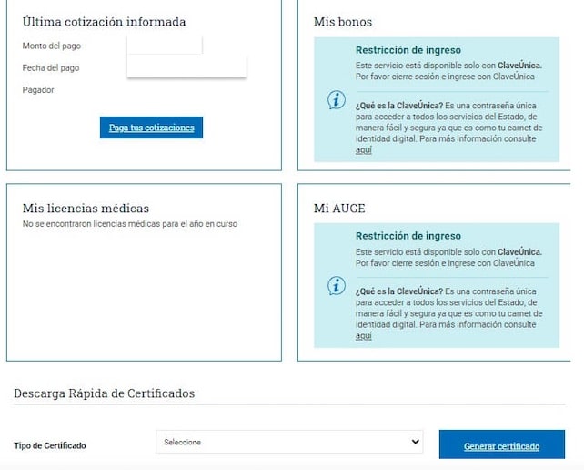 Panel de usuario afiliado a FONASA