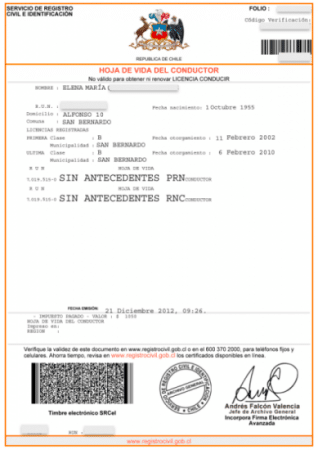 Certificado hoja de vida del conductor Registro Civil en línea gratis Chile