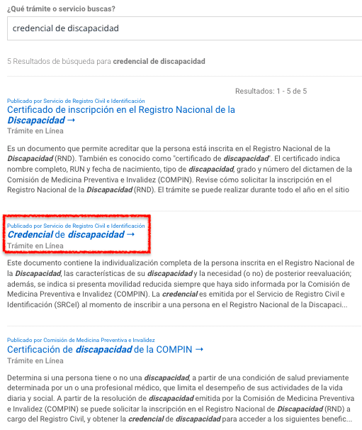 Resultado de búsqueda de la credencial de discapacidad en línea Chile Atiende