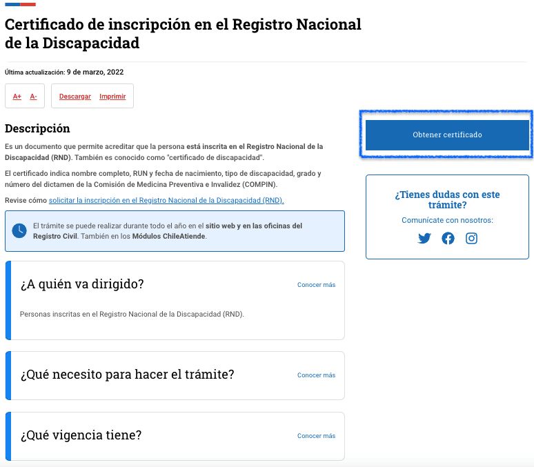 Chile Atiende certificado de discapacidad online