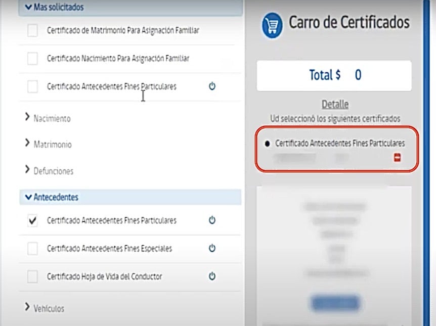 Certificado de antecedentes para fines particulares agregado al carro Registro Civil en línea gratis