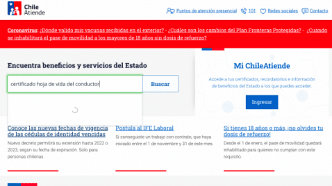 Sacar certificado de hoja de vida del conductor en ChileAtiende en línea gratis