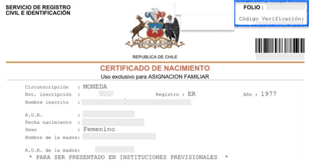 Encontrar folio y código de verificación en certificado de nacimiento chileno
